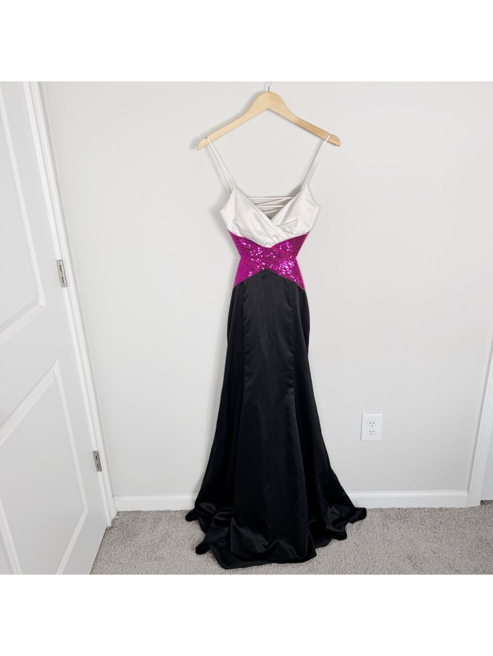 Vtg Y2K Masquerade Prom Dress Open Back Cut Out Sequins Black Pink Size 5/6